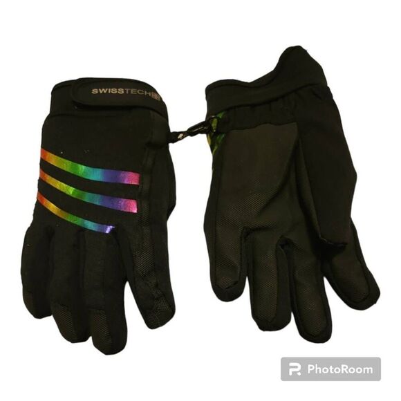 Swiss Tech Youth Water Resistant Black Ski Glove with Rainbow Foil Stripes, Rein - Picture 2 of 4